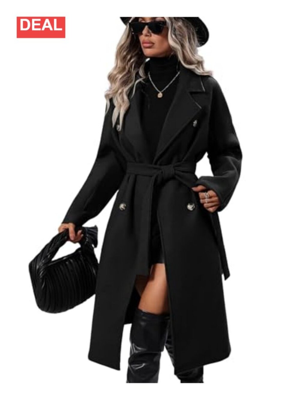 Wool Blend Long Double Breasted Pea Coat Tie Winter Trench Coat
